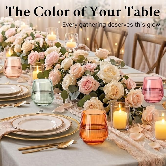 Colored Stemless Wine Glasses Set of 6, 12.5 Oz Ribbed Wine Glass,Coloful Drinking Glasses for Water, Cocktails, Champagne ,Ideal Gifts for Weddings, Bars, Christmas, Halloween,Party, Daily Use