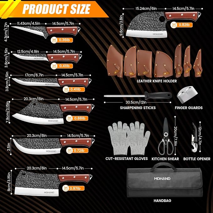 Butcher Knife Set, Hand Forged Kitchen Chef Knife Set with Roll Bag | High Carbon Steel 14PCS Meat Cleaver Knife, Bone Chopper Knives, Fillet Knives for Kitchen, Camping Outdoor BBQ, Gift for Men