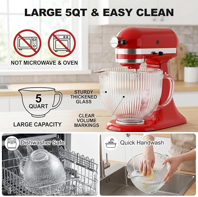 Glass Mixing Bowl for KitchenAid, Fits 4.5-5 Quart Tilt-Head Stand Mixers | 5 Qt Kitchen Aid Glass Mixer Bowl with Handle, Pour Spout & Measurement Markings by Focollk