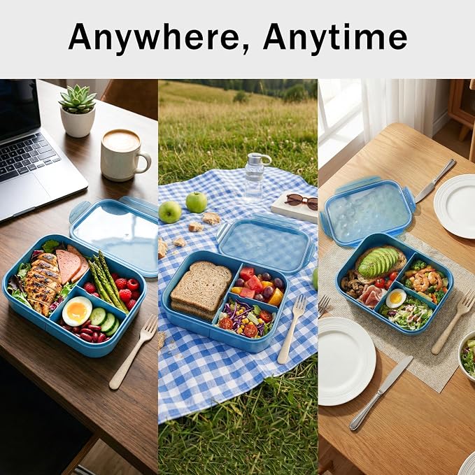 MISS BIG® Large Bento Lunch Box, 1900ml, 3 Compartments, Nile Blue | Nile blue 1900ml adult lunch box for work meals, office meal prep, picnic, travel, and food storage.