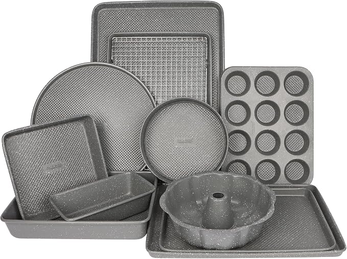 David Burke 12-Cup Muffin Pan, Carbon Steel, PFTE & PFOA Free, Oven Safe, Diamond Textured Surface – Gray Speckle