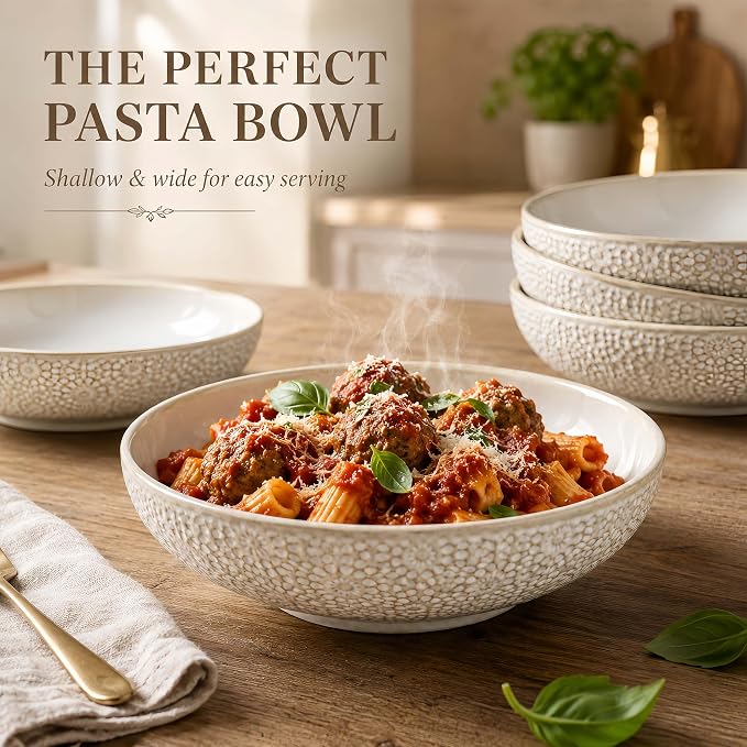 8" Ceramic Pasta Bowls, 22 Oz Serving Bowls Set of 4, Porcelain Shallow Soup Bowl, Embossed Serving Dishes for Pasta, Fruit, Salad, Housewarming Gift, Dishwasher Safe