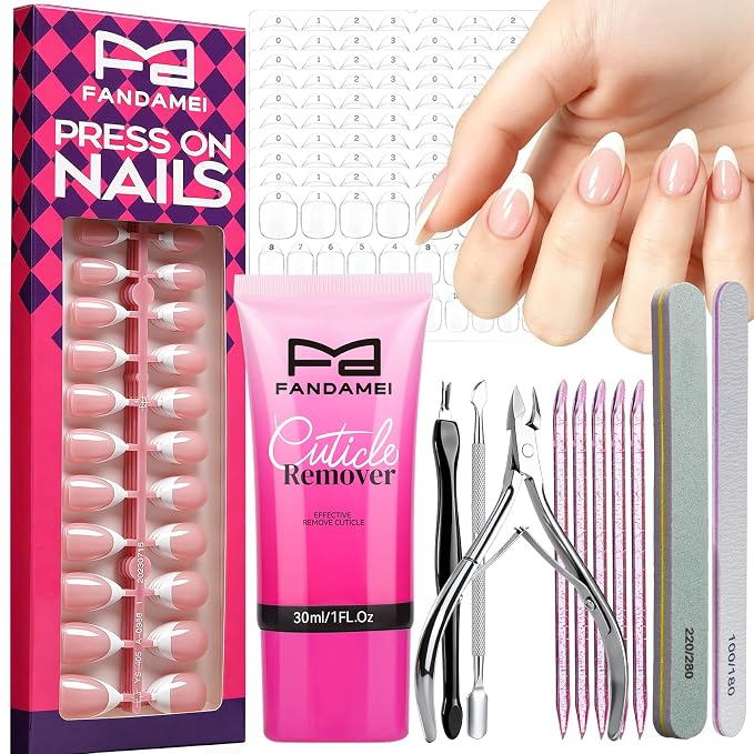 FANDAMEI French Tip Press On Nails, French Tip Nails, With Nail Prep Kit | Medium Almond Full Cover, With Cuticle Remover, Beginner-friendly, 120PCS Press On Nails French Tip, For DIY Nails At Home