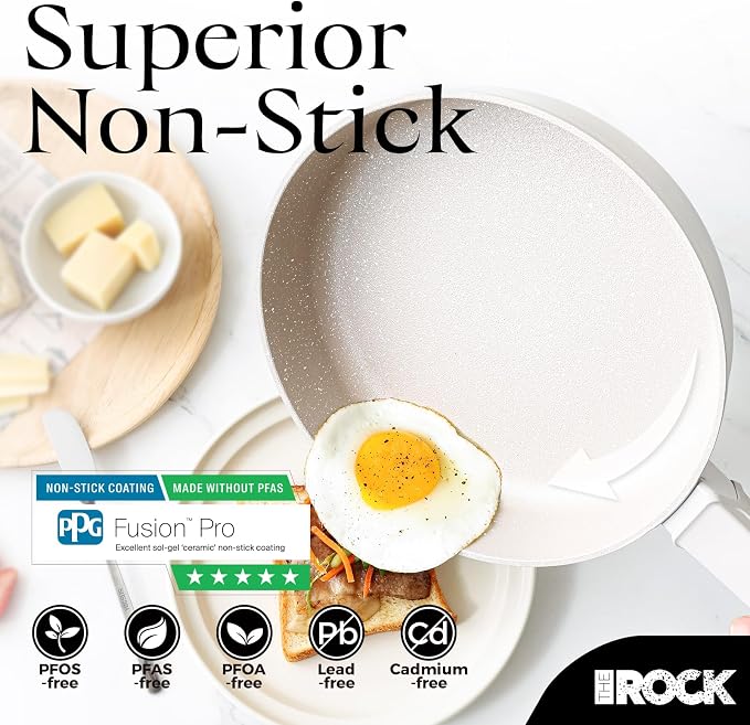 THE ROCK SOHO 8-Inch Non Stick Frying Pan with Lid–Nothing Sticks, Never Warps, Lasts Longer, Ceramic Non Toxic Skillet with Heat-Resistant Handle, PTFE PFOA & PFAS Free, Dishwasher Safe, Cream