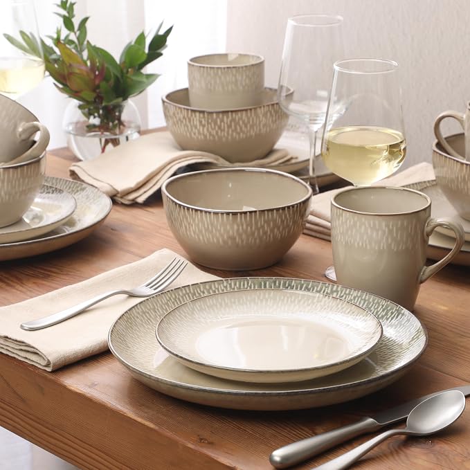 Gibson Elite Jasper 16 Piece Plates and Bowls Reactive Glaze Dishes Stoneware Ceramic Dinnerware Set - Service for 4 - Taupe