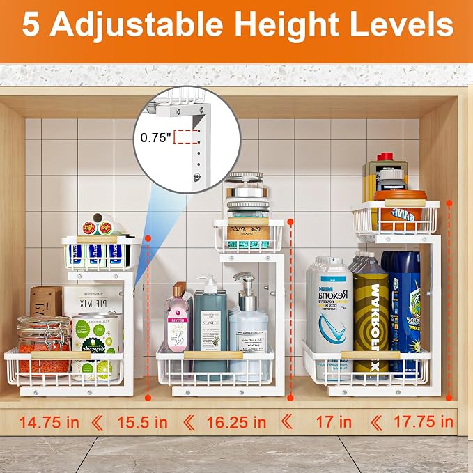 Under Sink Organizer, Height Adjustable Under Sink Organizers and Storage, 2 Tier Pull Out Drawer Cabinet Storage for Kitchen Bathroom, 1 Pack, White | cabinet organizer, 5 level adjustable, quiet sliding rails, dual suction and nano tape, no drill, ru...