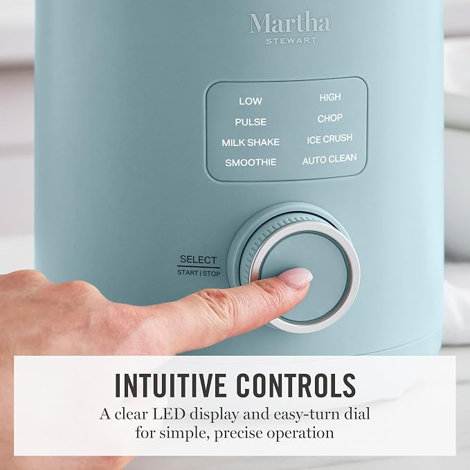 Martha Stewart 50oz Countertop Blender, 3 Speeds, 5 Presets, Sky Blue | BPA-Free Pitcher, Smoothies, Margaritas, Milkshakes & Ice Crushing, Stainless Steel Blades, Auto-Clean, Dishwasher-Safe Parts