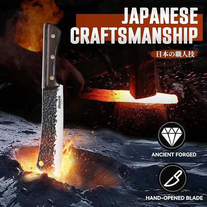 Huusk Butcher Knife for Meat Cutting with Sheath, Cool Gifts for Men | Hand Forged Japanese Chef Knives with Ergonomic Full Tang Handle for Kitchen, Camping, BBQ