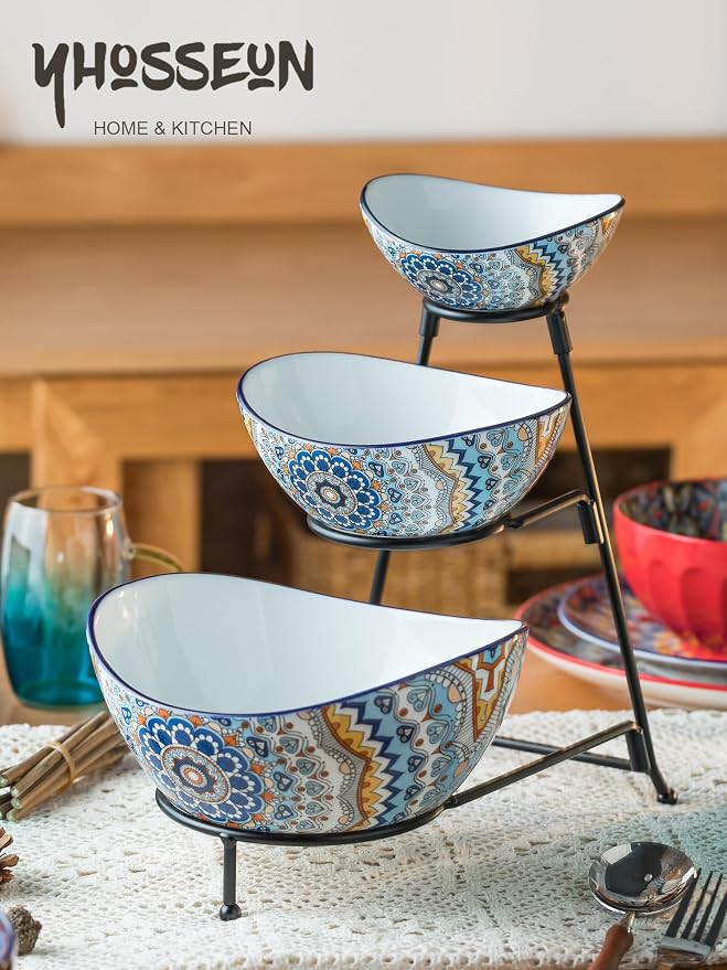 YHOSSEUN 3 Tier Serving Bowls, Serving Dishes for Entertaining Porcelain | Serving Trays and Platters Tiered Bowl Set with Collapsible Thicker Sturdier Metal Rack, Framhouse Kitchen Decor