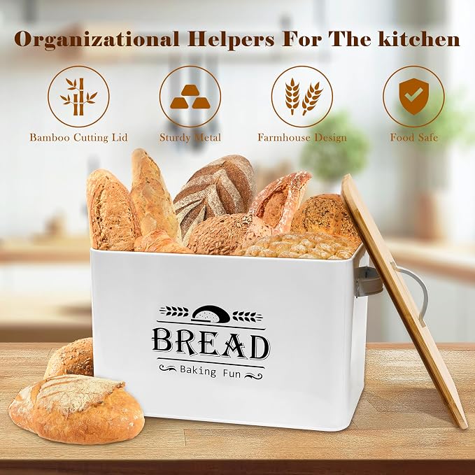 Jolitac Farmhouse Style Bread Box for Kitchen Countertop - Space-Saving Bread Storage Container with Wood Lid | Rustic Vintage Organizer for Small Kitchens & Countertop Gift (12.2”L x7.5”W x8”H)