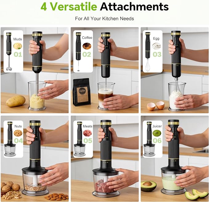 1200W Immersion Blender Handheld, 5-in-1 Variable Speed | Hand Blender Stick with Whisk Chopper Milk Frother Mixing Cup and Storage Rack for Kitchen Soup, Purees and Smoothies