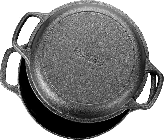 EDGING CASTING Pre-Seasoned Cast Iron Dutch Oven Pot with Skillet Lid Cooking Pan, 2-in-1 Sourdough Bread Baking Pan with Proofing Basket and Baking Supplies, 5QT