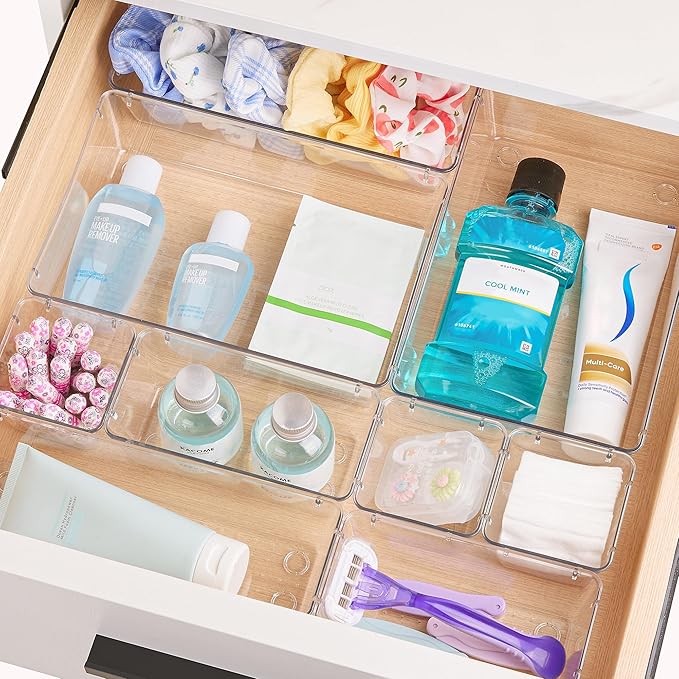 Vtopmart 28 Pack Clear Drawer Organizer Bins, 4 Sizes Storage Trays | Clear Storage Bins for Makeup, Bathroom, Kitchen & Office Drawers, Multi-Size Organizers Keep Toiletries, Tools & Essentials