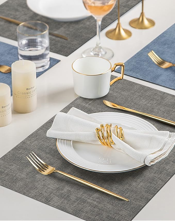 Leather Placemats Table Mats Set of 6, Denim Blue & Smoky Gray | Reversible Non-Slip Table Placemats, Heat-Resistant and Waterproof for Dining Kitchen and Holiday Parties
