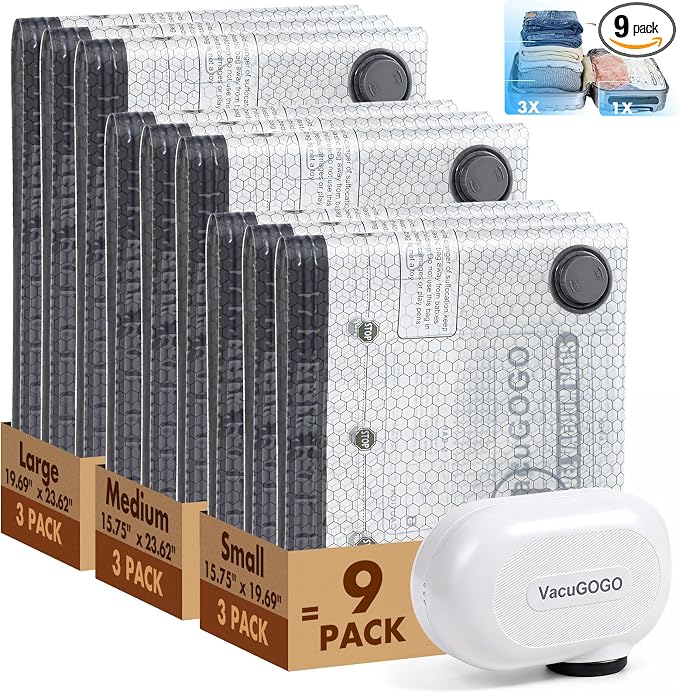 Vacuum Bags for Travel with Rechargeable Pump, 9 Pack Compression Packing Bags with 35KPA Electric Pump, 80% Space Saver for Clothes, Vacuum Seal Bags fo Carry-on Luggage Suitcase