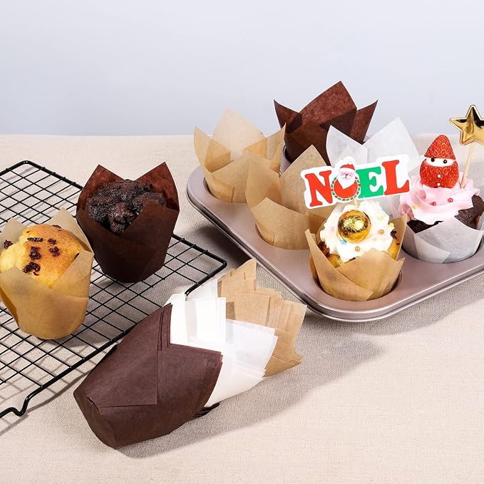 Bake Choice 200pcs Tulip Cupcake Liners, Standard Size, Mix Color | Tulip Muffin Liners, EU Parchment Paper, Brown, White, Unbleached Natural Color, for Party, Christmas