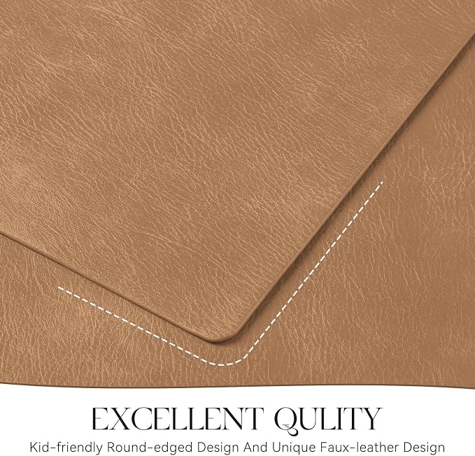 MOSAYT Vinyl Placemats Set of 6-12 X 17 Inch - Faux Leather 100% Waterproof Oil-Proof Wipeable PU Place Mats, Heat Resistant Reversible Table Mats for Kitchen, Dining, Outdoor, Camel