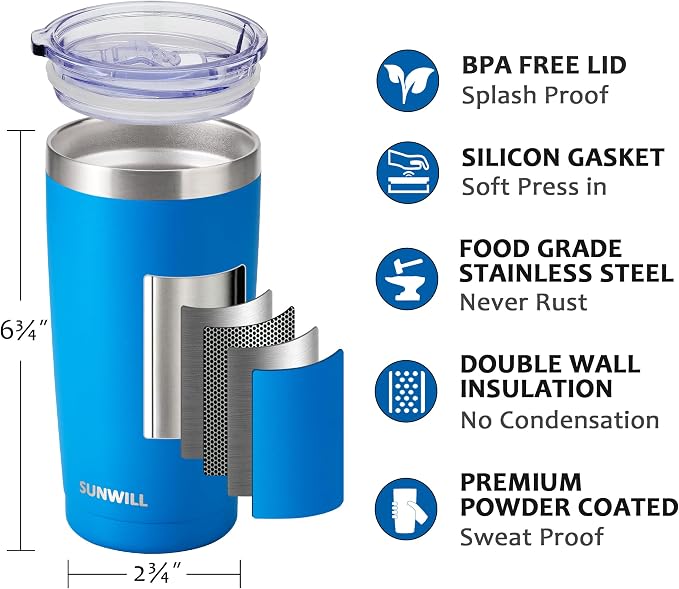 SUNWILL Travel Coffee Tumbler 20 oz, Insulated Mug with Lid, Stainless Steel Cup for Outdoor, Powder Coated Royal Blue
