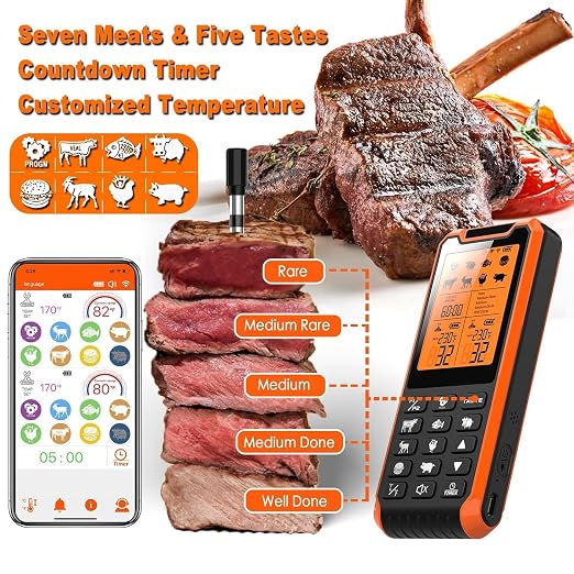 Smart Bluetooth Meat Thermometer - Long Range Wireless Food Thermometer, Digital Meat Thermometer with Dual Probes for BBQ Grill, Oven, Smoker, Air Fryer