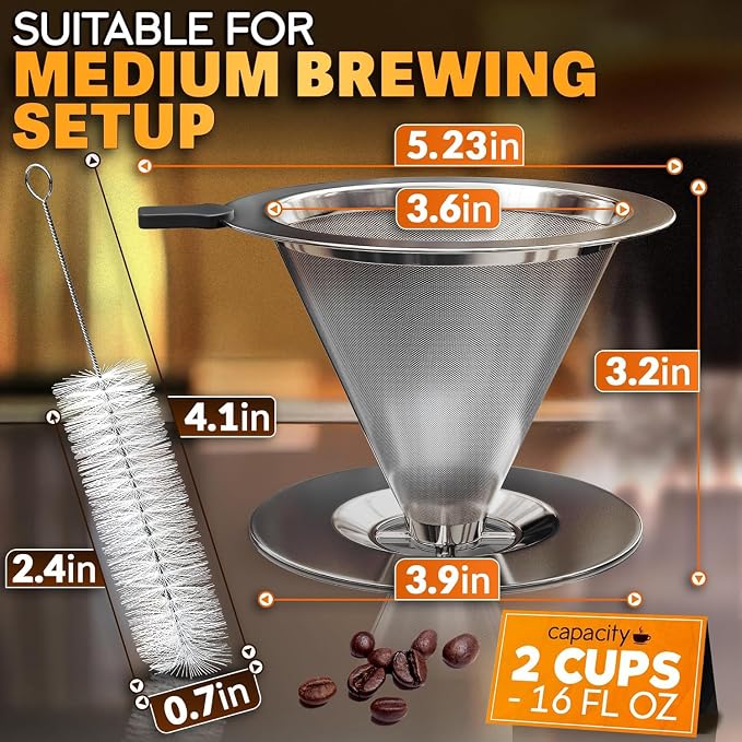 Stainless Steel Pour Over Coffee Dripper Set with 2 Cups, 600 Mesh | Pour Over Coffee Maker, Double Mesh Filter, Wide Base, Silicone Handle, Cleaning Brush, Paperless Flavor, for Loose Coffee