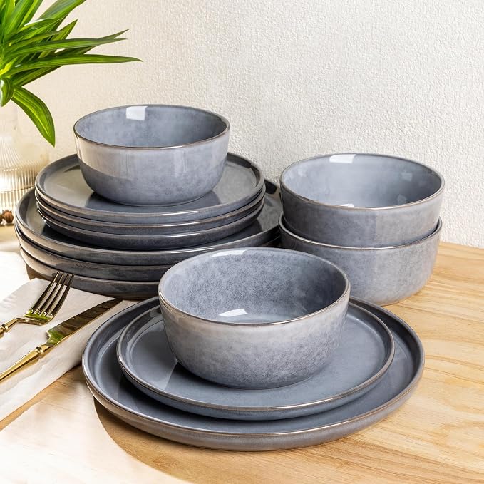 AmorArc Stoneware Dinnerware Sets for 6, 18Pcs Plates and Bowls Sets Dishes | Ceramic Round Reactive Glaze Dishes Set, Highly Scratch Resistant | Dishwasher & Microwave Safe Dishware