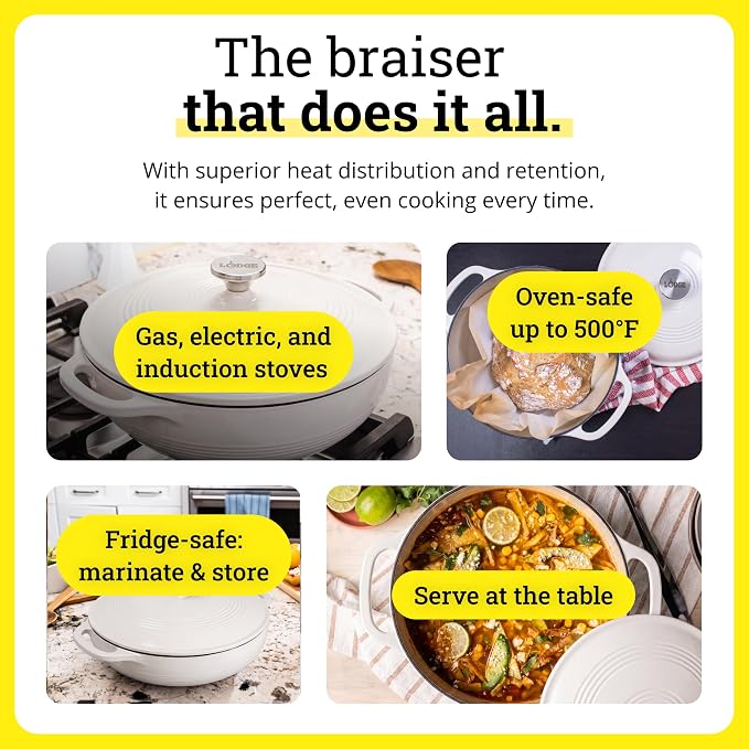Lodge Essential Enamel Braiser - Refrigerator- & Oven-Safe up to 500° F - Heat-Retaining, Induction-Safe & PFAS-Free Enamel Cookware - 3.6 Quart, Oyster White