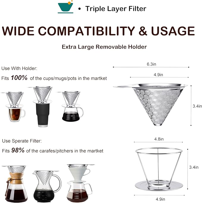 Pour over Coffee Dripper, Triple Layer Stainless Steel Cone Coffee Filter, 4 Cup Non-Electric Manual Portable Drip Coffee Maker, Metal Cone Cafe Coffee Dripper