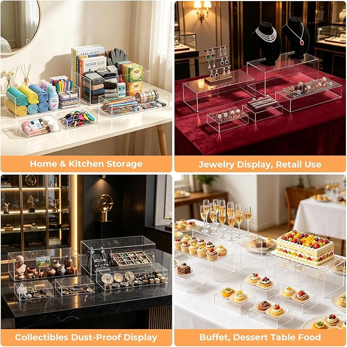 Extra Large 15.5 Inch Acrylic Buffet Risers Stands, 5 PCS Clear Food Risers for Buffet Table, Tiered Rectangle Dessert Table Display Set, Party Food Display for Catering Supplies