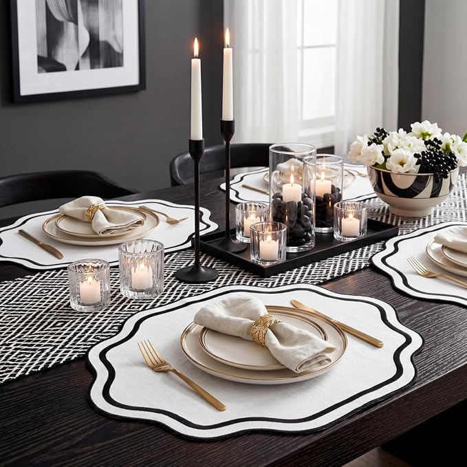 6 Pcs Black and White Wedding Placemats Scalloped Embroidered Cotton Linen Placemats 17" x 13" Double Layered Machine Washable Table Place Mat for Party Table Decor (Cotton)