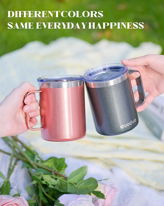 12oz Insulated Coffee Mug with Lid – Includes Two Lids, Stainless Steel Coffee Travel Mug with Handle, Double Wall Vacuum Insulated Camping Mug for Home, Office & Outdoor, Red