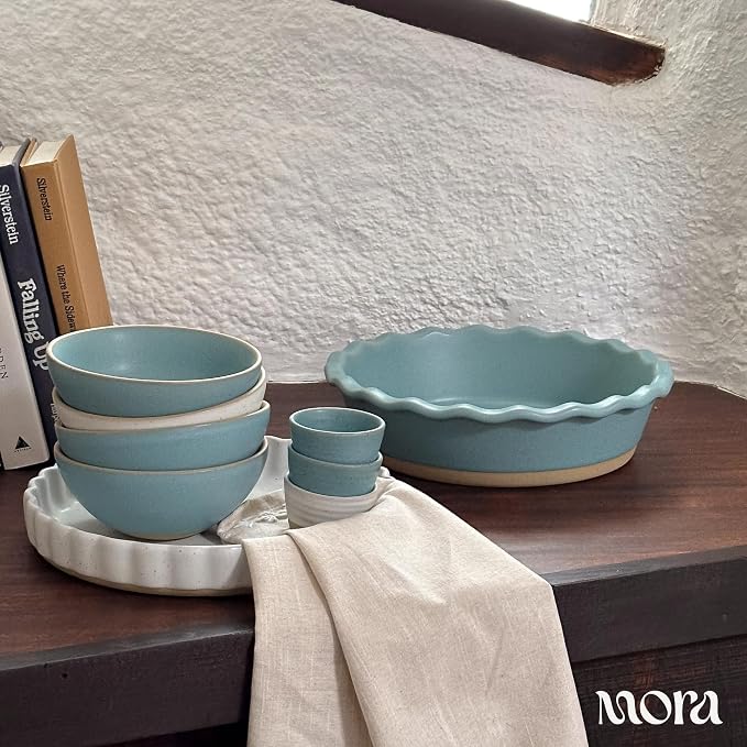 MORA Ceramic Pie Pan for Baking - 9 inch - Deep and Fluted Pie Dish for Old Fashion Apple Pie, Quiche, Pot Pies, Tart, etc - Modern Farmhouse Style Porcelain Ceramic Pie Plate - Iris