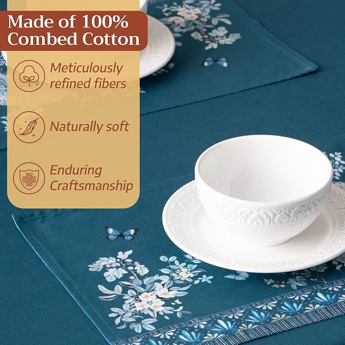 Maison d' Hermine Placemats Set of 4 Reusable 100% Combed Cotton (13"x19") | Cloth Place Mats Washable Table Mats for Kitchen Dining Party Home Restaurant Spring Summer - Peacock Utopia - Deep Sea