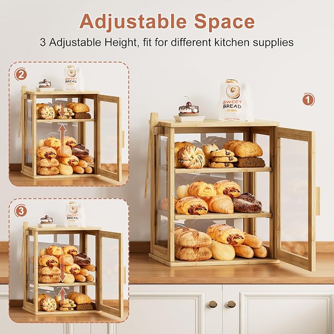 WOWLIVE Bread Box for Kitchen Countertop, 3 Layers Bread Storage Container | Large Bamboo Bread Bin for Homemade Bread with Window, Farmhouse Breadbox Organizer for Kitchen, Cabinet, Natural, Meduim