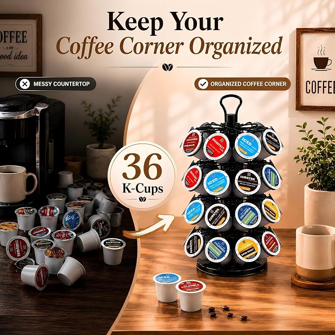 K Cup Holder-Coffee Pod Holder Organizer for 36 Pods,4-Tier K Cup Storage | K Cup Organizer,Stable Base,360°Rotating K Cup Carousel,Space-Saving for Countertop&Office,Coffee Pod Carousel Easy Assembly