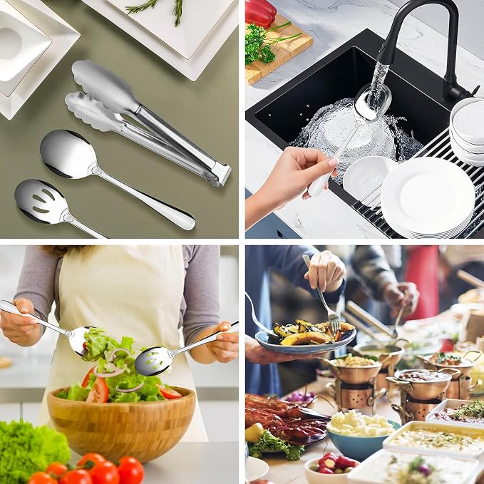 17PCS Serving Spoons and Utensils Set, Stainless Steel Serveware Silver | Serving Spoons,Slotted Spoons,Forks,metal and silicone-tip tongs,Cake Server,Ladle,Skimmer for Buffet, Catering, Party