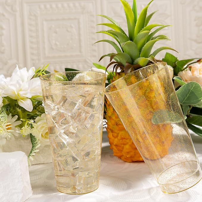 I00000 16 oz Gold Plastic Cups, 100 Pack Gold Glitter Plastic Cups Tumblers Disposable Party Cups Wedding Cups, Heavy-duty Plastic Disposable Cups Ideal for Wedding & Party