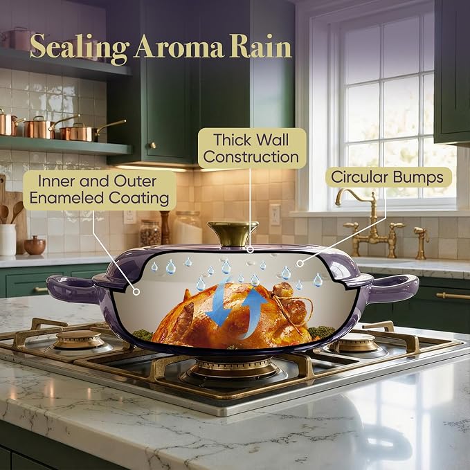 3 Quart Enameled Cast Iron Braiser, Non Stick Enameled Cast Iron Skillet with Lid, Dutch Oven Skillet with lid up to 500°F for Oven, Stove, Grill, Shallow Dutch Oven for Cook, Bake (Purple)