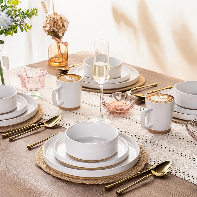 AmorArc Stoneware Dinnerware Sets for 8,24Pcs Plates and Bowls Set | Handmade Ceramic Dish Set,Dishwasher & Microwave Safe,Scratch Resistant-White