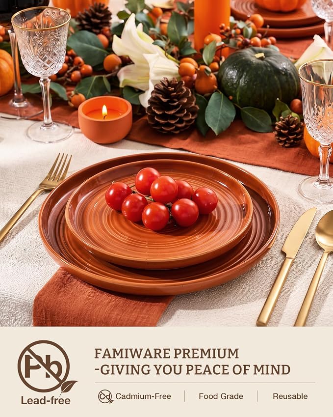 Dinnerware Set for 6, Ceramic Plates and Bowls, Terracotta | 18-Piece Ceramic Speckled Spiral Dishes, Chip & Scratch Resistant, Microwave & Dishwasher Safe, Everyday Use, Farmhouse Style