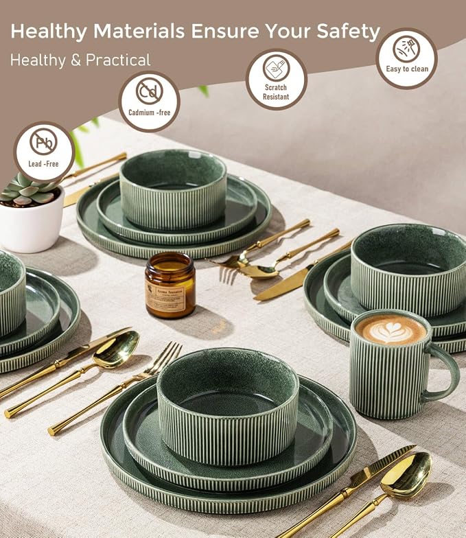 GBHOME Stoneware Dinnerware Sets for 4,16-Piece Plates and Bowls Set | Handmade Reactive Glaze Ceramic Dish Set, Scratch Resistant, Dishwasher&Microwave Safe,Dark Green