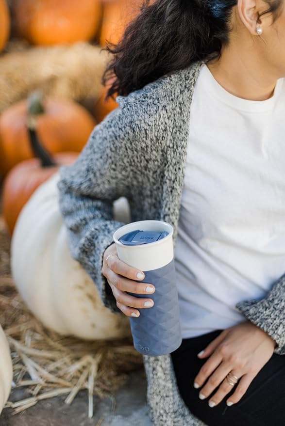 Ello Ogden BPA-Free Ceramic Travel Mug with Lid, Evening Blue, 16 oz | Splash-resistant ceramic travel mug with slider lid and protective silicone sleeve. BPA-free, great for coffee and tea.