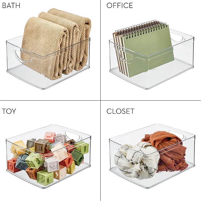 iDesign Plastic Stackable Kitchen Cabinet Storage Bin with Handles - Clear Pantry Organizer Medium (Pack of 4)
