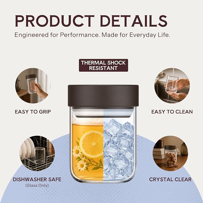 13 oz Small Airtight Glass Overnight Oats Containers with Lid | Twist Seal, Silicone Ring, Wide-Mouth Borosilicate Container for Yogurt, Chia Pudding, Fruit, Snacks and Meal Prep