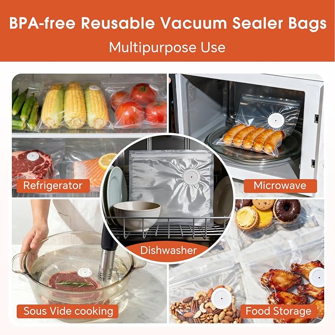 Reusable Vacuum Sealer Bags for Food, 20 Pack Medium (10.2"x11") with 4 Clips, BPA-Free Vacuum Storage Bags, Leak-Proof, Freezer & Sous Vide Cooking, Compatible with Food Saver Vacuum Sealers
