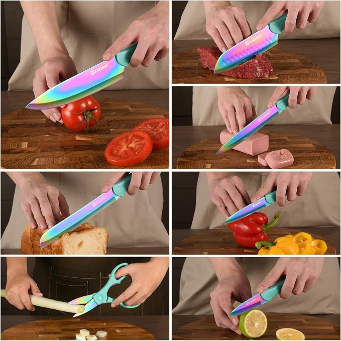 Kitchen Knife Set, Rainbow Titanium and 6 Blade Guards, 13-Piece | Stainless Steel Blades, Rainbow Nonstick Coating, Long-Lasting Sharpness, Rust-Resistant, Non-Slip, Dishwasher Safe