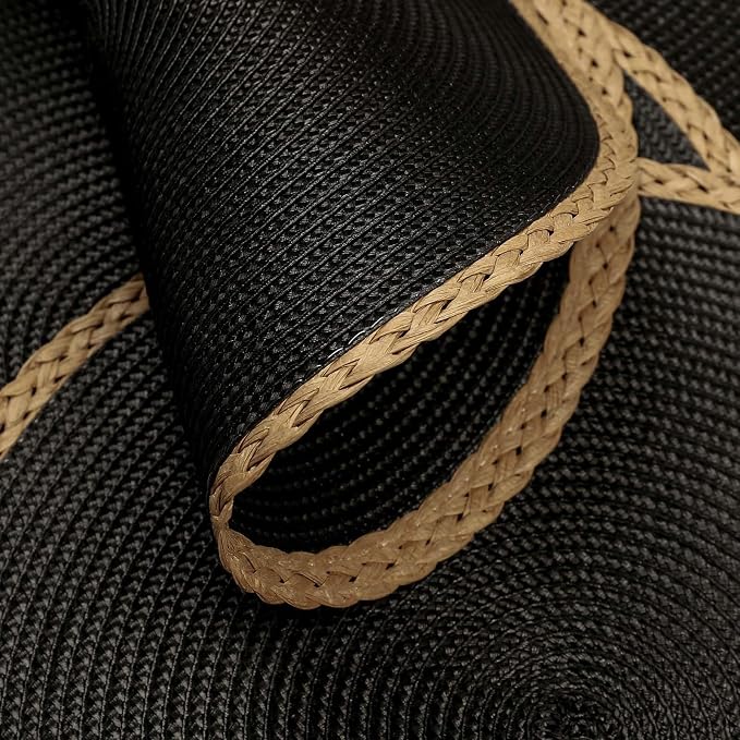 Round Placemats Set of 6, Woven Table Mats, Thin Edge, Black | Braided Paper Edge, 15 Inch Diameter, Fits Dinner Plate and Flatware, Wipeable, Heat Resistant, Indoor Dining, Outdoor Patio