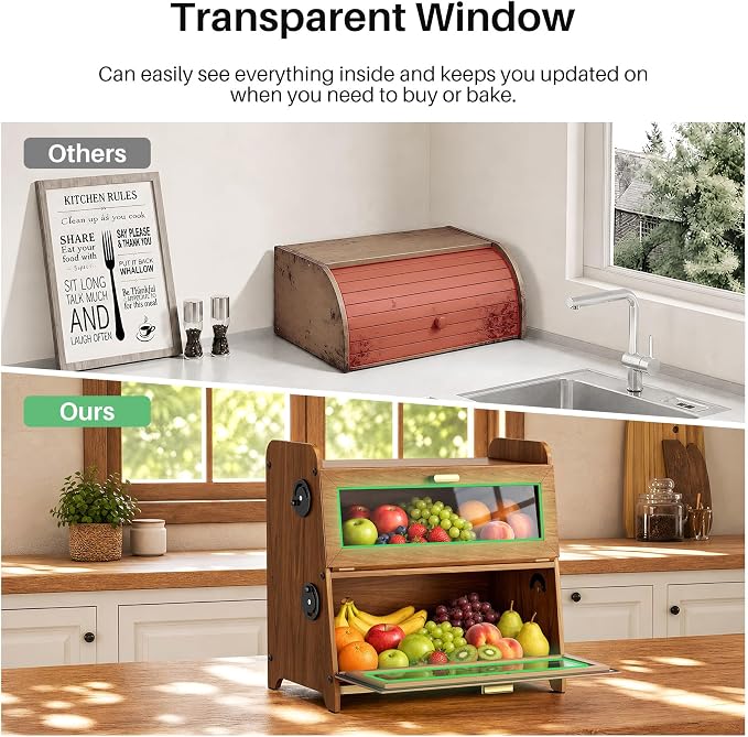 SNTD 2 Tier Bread Box for Kitchen Countertop, Adjustable Ventilation, Brown | Bamboo Cutting Board, Airtight Design, See-Through Magnetic Door, Bread Storage Container for Homemade Bread, Multi-purpose