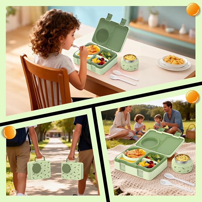 Bento Lunch Box for Kids Adult, Leakproof 3-4 Compartment Bento Box Set with Insulated Food Jar,Water Bottle, Lunch Bag, School Lunch Container for Toddler Teen Girls Boys Ages 3+(Dinosaur)