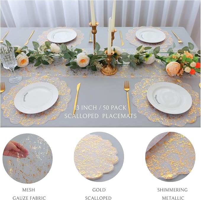Snowkingdom Gold Placemats Set of 50, Gold Metallic Mesh Glitter Foil Floral Scalloped 13" Round Disposable Doilies for Dinning Table Fall Wedding Birthday Party Thanksgiving Christmas Decorations