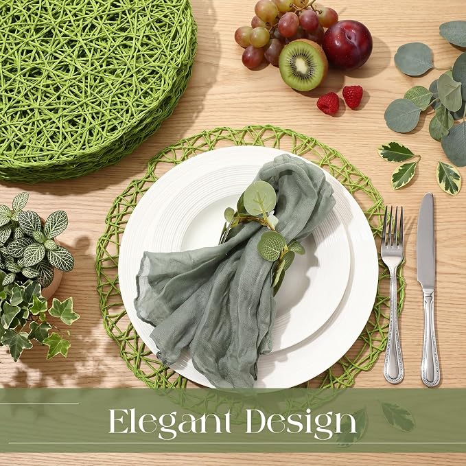 Geosar Round Woven Placemats Bulk Rustic Paper Braided Placemats Boho Natural Non Slip Heat Resistant Table Mats for Wedding Party, Dinner Table Centerpiece Decoration, 13 Inch (Green,24 Pcs)